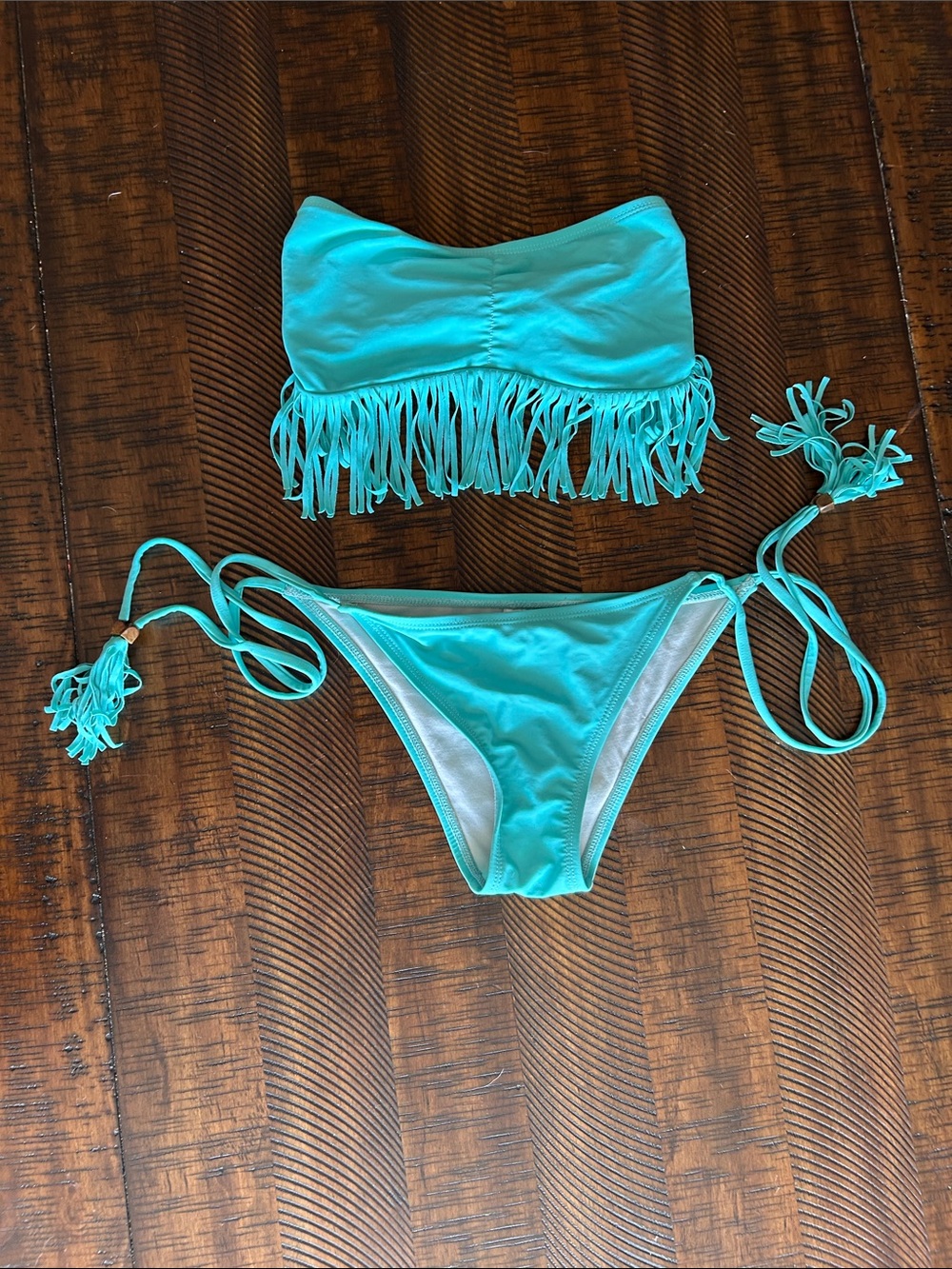 Girls Aqua Fringe Bandeau Bikini Set with Tie-Side Bottoms